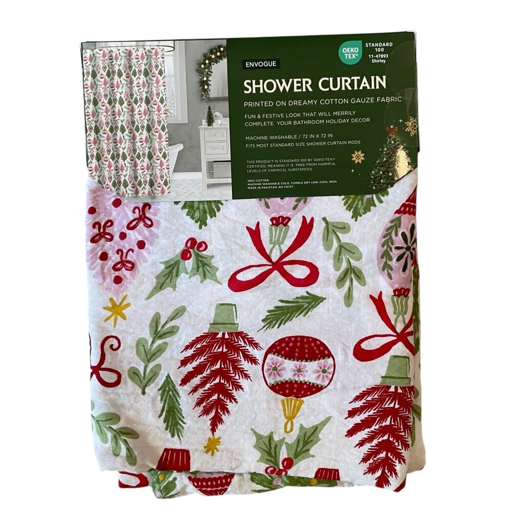 Envogue Christmas Shower Curtain 72x72 Holiday Holly Berry Bow Ornament NEW